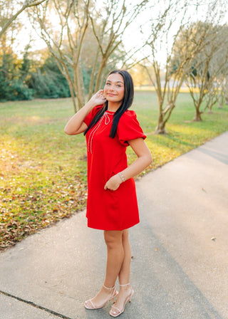 Red Bow Trim Puff Sleeve Mini Dress