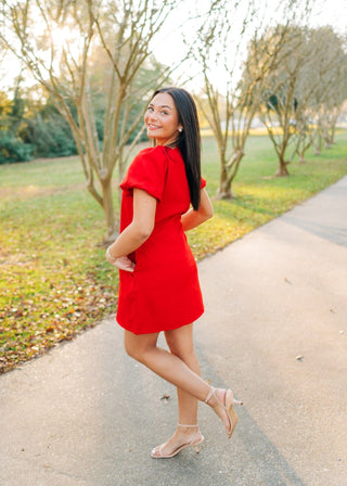 Red Bow Trim Puff Sleeve Mini Dress