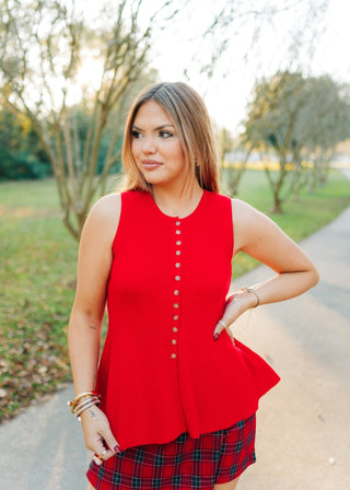 Red Knit Button Up Peplum Vest