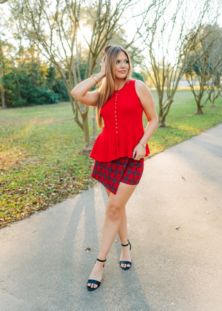 Red Knit Button Up Peplum Vest