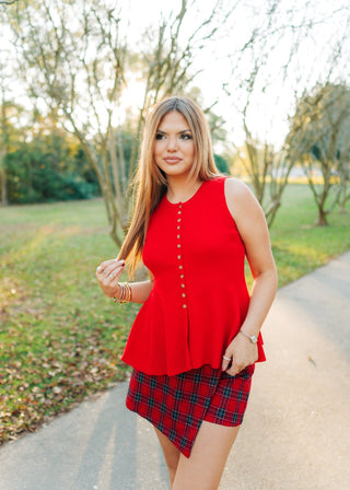 Red Knit Button Up Peplum Vest