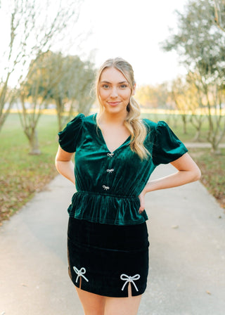 Green Rhinestone Bow Front Velvet Blouse
