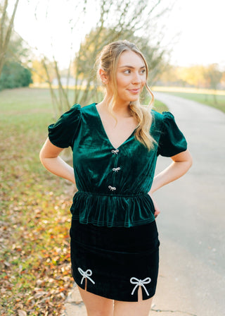 Green Rhinestone Bow Front Velvet Blouse
