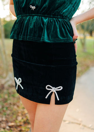 Black Rhinestone Bow Velvet Skirt
