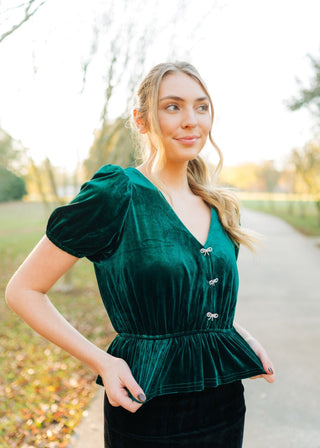 Green Rhinestone Bow Front Velvet Blouse