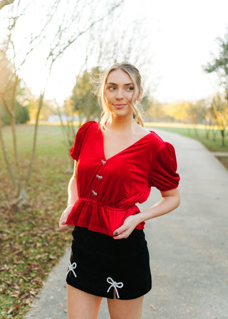 Red Rhinestone Bow Front Velvet Blouse