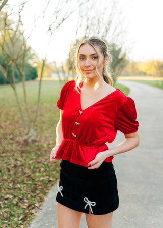 Red Rhinestone Bow Front Velvet Blouse
