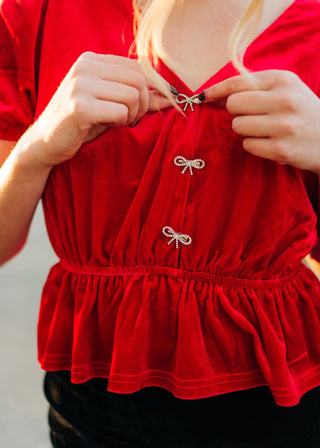 Red Rhinestone Bow Front Velvet Blouse