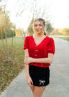 Red Rhinestone Bow Front Velvet Blouse