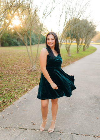 Green Velvet Bow Front Mini Dress