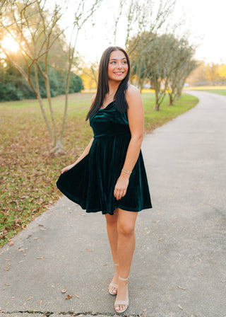 Green Velvet Bow Front Mini Dress