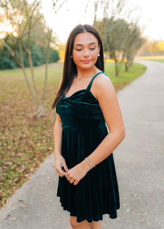 Green Velvet Bow Front Mini Dress