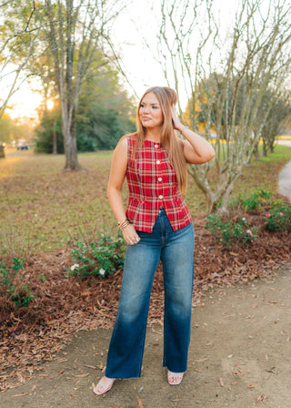 Red Plaid Button Up Sleeveless Vest