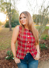 Red Plaid Button Up Sleeveless Vest