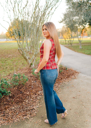 Red Plaid Button Up Sleeveless Vest