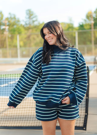 Navy Striped Mock Neck & Short Set