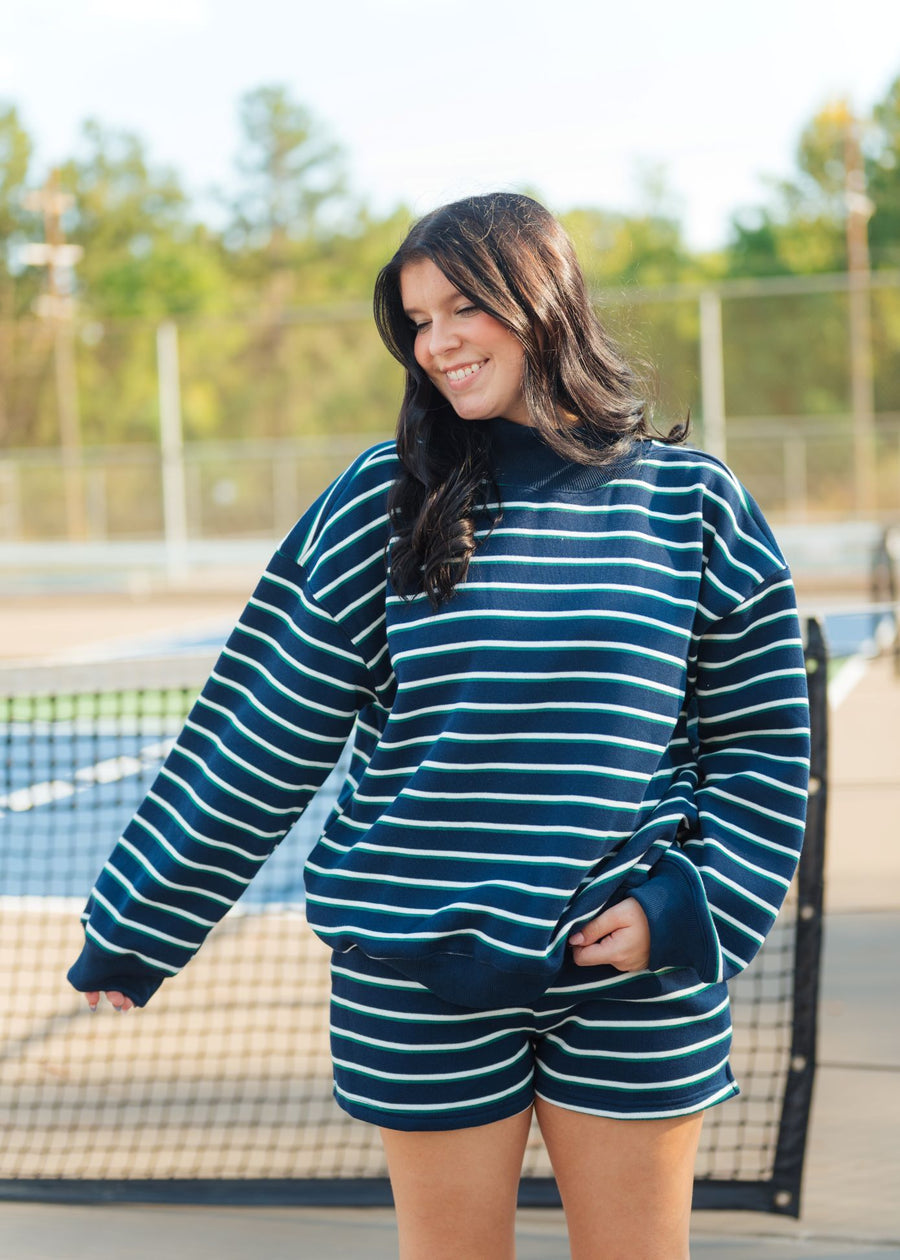 Navy Striped Mock Neck & Short Set
