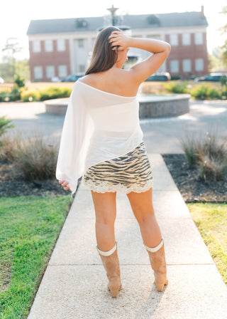 Cream One Shoulder Cape Top