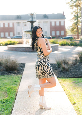 Tiger Print Metallic Mock Neck Dress