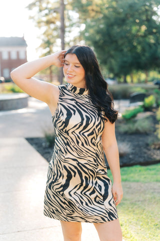 Tiger Print Metallic Mock Neck Dress