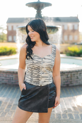 Tiger Print Zip Up Corset Top