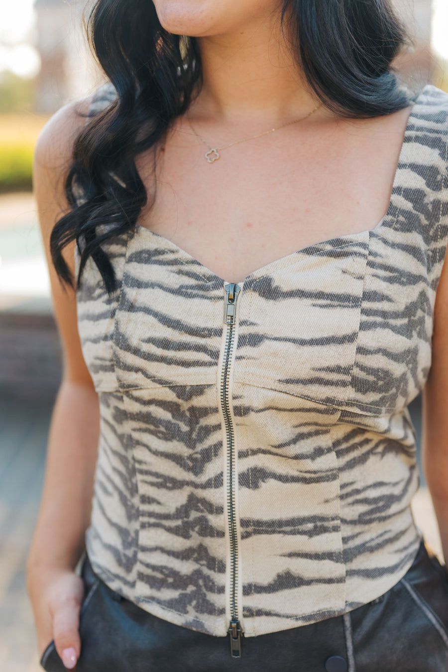 Tiger Print Zip Up Corset Top