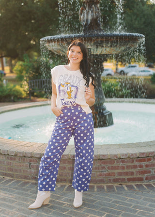 Purple & White Polka Dot Straight Leg Pants