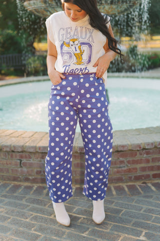 Purple & White Polka Dot Straight Leg Pants
