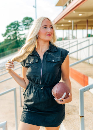 Black Cap Sleeve Zip Up Mini Dress