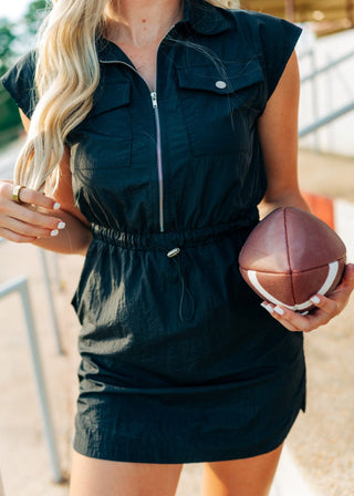 Black Cap Sleeve Zip Up Mini Dress