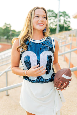 Blue & White Sequin Sleeveless Jersey