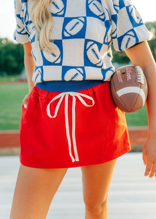 Red Elastic Waist Drawstring Skort