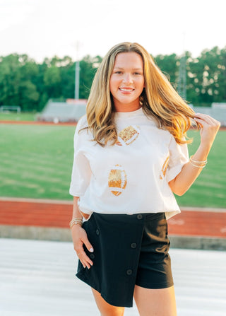 White Sequin Multi Football Patch Tee