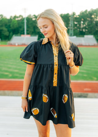 Black & Gold Collared Sequin Football Dress