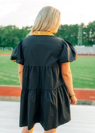 Black & Gold Collared Sequin Football Dress