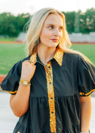 Black & Gold Collared Sequin Football Dress