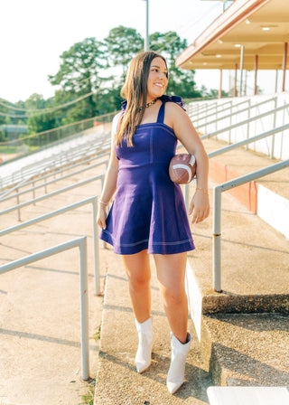 Purple Shoulder Tie Denim Dress