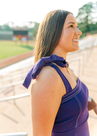 Purple Shoulder Tie Denim Dress