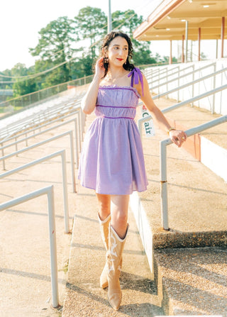 Purple Plaid Shoulder Tie Mini Dress