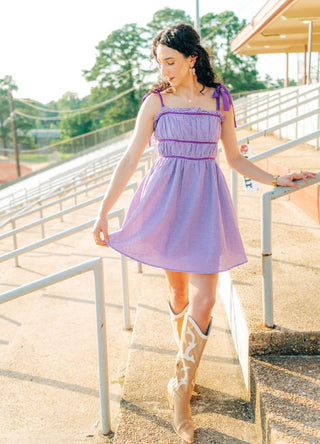 Purple Plaid Shoulder Tie Mini Dress