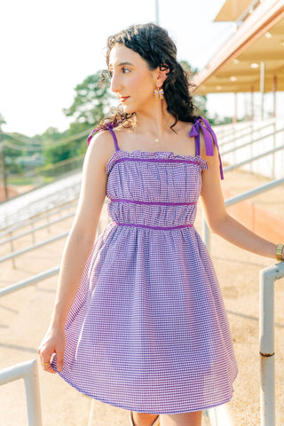 Purple Plaid Shoulder Tie Mini Dress