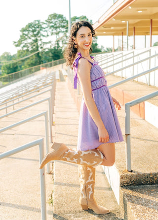 Purple Plaid Shoulder Tie Mini Dress