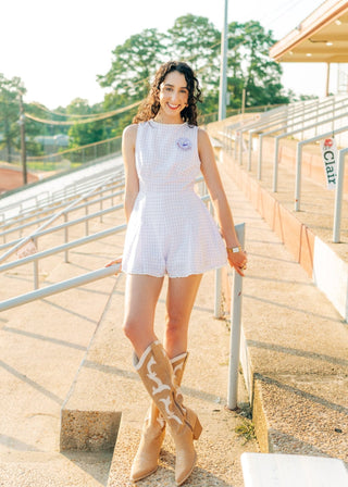 Lavender Checkered Lace Trim Romper