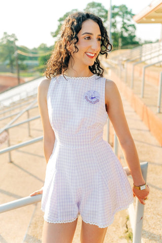 Lavender Checkered Lace Trim Romper