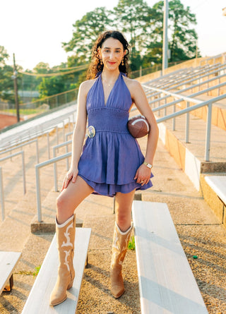 Purple Halter Neck Smocked Romper