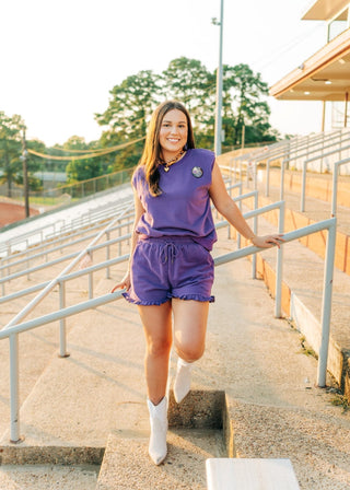 Purple Ruffle Trim Short Set