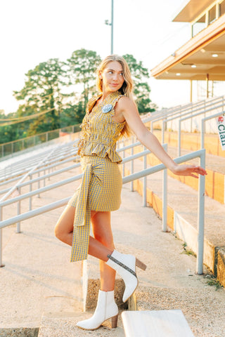 Yellow Gingham Smocked Tie Front Top