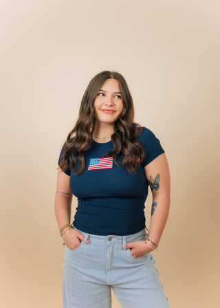 Navy Embroidered American Flag Tee