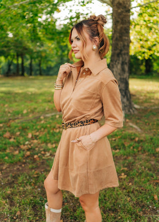 Camel Suede Collared Mini Dress - Select Trends Boutique