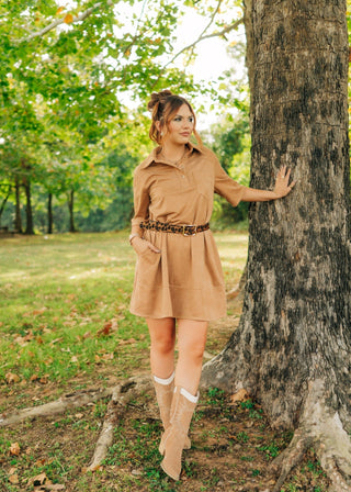 Camel Suede Collared Mini Dress - Select Trends Boutique
